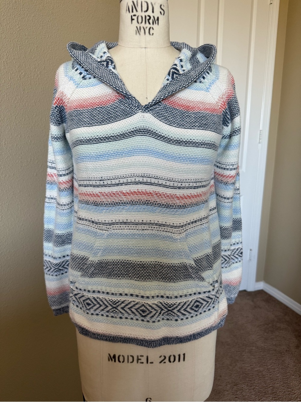 Faherty Striped Hooded Knit in Cream, Light Blue & Navy